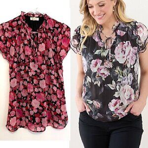 TAMARA H. Short Sleeve Double Ruffle V-Neck Chiffon Blouse Black Pink Red Floral
